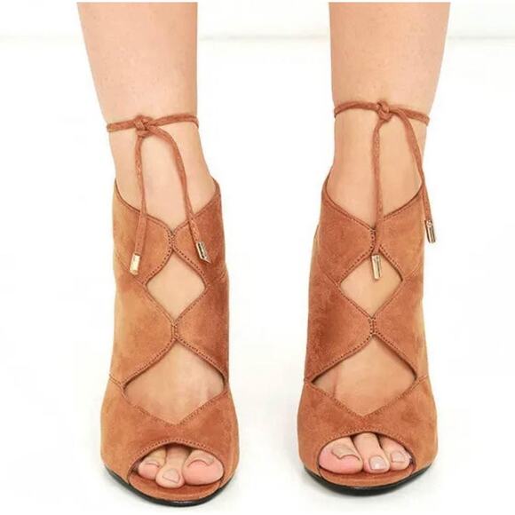 Tan Brown Suede Open Toe Tie Up Heels Size 7.5 - Picture 5 of 11